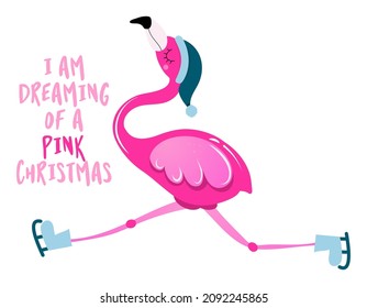 I am dreaming of a Pink christmas - Calligraphy phrase for Christmas with cute flamingo girl. Hand drawn lettering for Xmas greetings cards, invitations. Good for t-shirt, mug, scrap booking, gift.