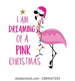 I am dreaming of a pink Christmas - funny flamigo in Santa hat and with Christmas lights. Good for Christmas sweater, textile print, greeting card, label and other decoration.