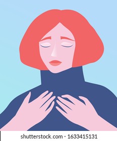 Dreaming redhead lady with eyes closed romantic portrait. Feminine woman face and hands, raised in grief, sorrow or relief, soul modern flat vector design.