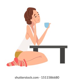 Dreaming Romantic Girl Sitting on the Floor at Coffee Table with Cup of Tea, Young Woman in Everyday Life, Daily Routine Vector Illustration