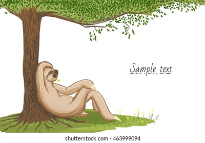 Dreaming sloth near tree with a flower in his teeth on the grass. Background for greeting cards summer. Sketch of idler. Vector isolated illustration.