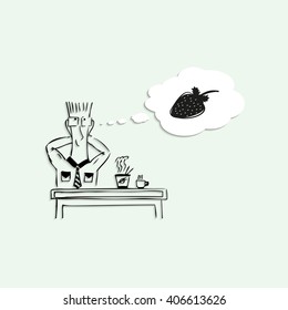 Dreaming of a strawberry in a lunch break at work. Vector illustration.