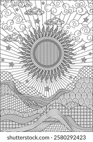 Dreaming sun and clouds adult coloring page vector