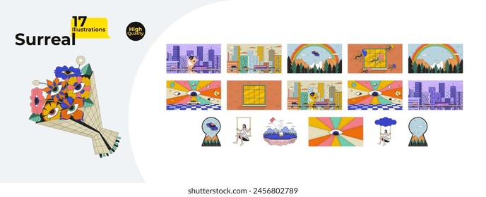 Dreaming surrealistic 2D linear illustrations concepts bundle. Surreal absurd cartoon vector flat scenes. Giant cat, teabag lake, flying car, psychedelic metaphors abstract graphic collection