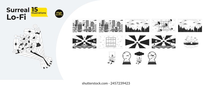 Dreaming surrealistic black and white 2D illustrations concepts bundle. Surreal absurd cartoon outline scenes. Big cat, teabag lake, flying car, psychedelic metaphors monochrome vector art collection