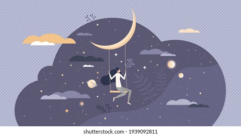 Dreaming With Sweet Night Dreams As Bedtime Relax Sleep Tiny Person Concept. Hanging With Swings On Moon As Fly In Fantasy Around Cosmos And Universe Vector Illustration. Blue Sky In Midnight Harmony.