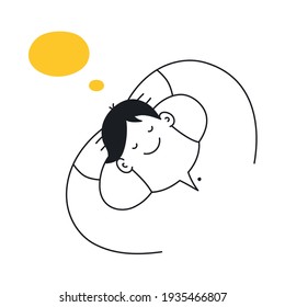 Dreaming, thinking man lying and imaging with a cartoon doodle bubble. Thin outline vector illustration of cute character on white background.