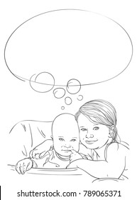 Dreaming together, Sketch of 5 year old girl hugging 8 month old baby sucking his finger, Brother and sister happy family moments, Hand drawn vector line art illustration with thought bubble