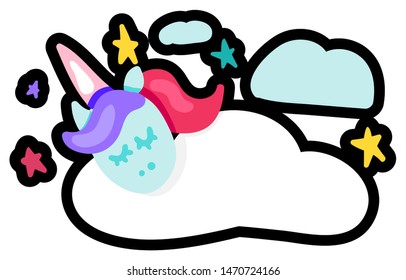 Dreaming unicorn flat vector illustration. Cute mythical animal sleeping on cloud. Bedtime symbol