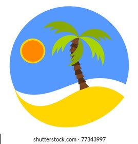 Dreaming vacation: round emblem or logo with beach and palm. Vector illustration