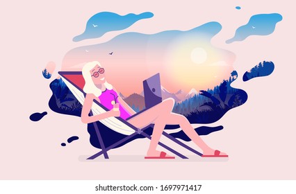 Soñando con las vacaciones - Mujer en silla de sol con laptop y bebida. Paisaje onírico con sol y hermosas vistas. Sueño de concepto de viaje. Ilustración vectorial.