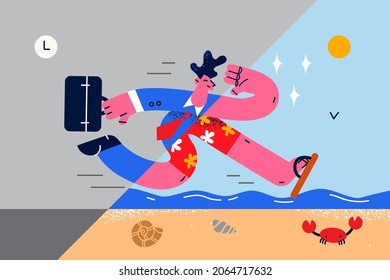 Dreaming of vacations and travel concept. Young smiling business man half wearing official suit in office half running to beach in swimwear vector illustration 