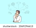 Dreaming of various things concept. Young man cartoon character sitting dreaming of food great ideas money love apartment car vector illustration 
