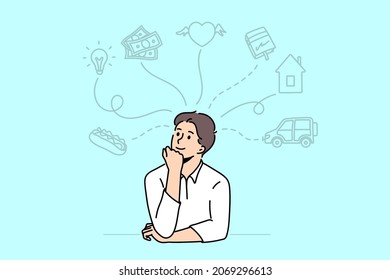 Dreaming of various things concept. Young man cartoon character sitting dreaming of food great ideas money love apartment car vector illustration 