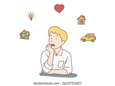 Sonhar com o conceito de várias coisas. Jovem sonhando com grandes ideias dinheiro amor carro em casa. Ilustrações de design de vetor de estilo desenhado à mão.