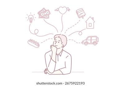 Soñando con varias cosas concepto. Hombre joven personaje de dibujos animados sentado soñando con comida grandes ideas dinero amor Ilustración vectorial de coche