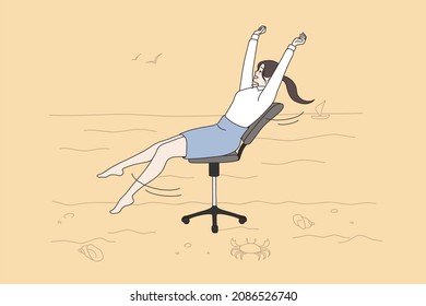 Dreaming Of Weekend And Vacations Concept. Young Smiling Positive Office Worker Woman Barefoot Sitting In Office Dreaming Of Being Traveling To Seaside Vector Illustration 