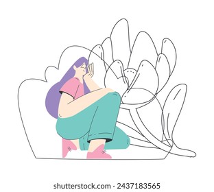 Dreaming Woman Character with Head in Cloud Having Fancy Imagination Sit Near Blooming Flower Vector Illustration