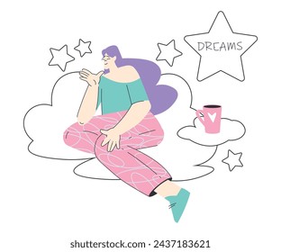 Dreaming Woman Character with Head in Cloud Having Fancy Imagination Vector Illustration