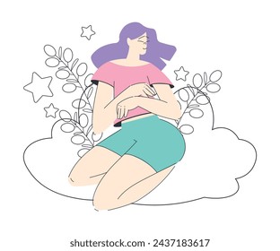 Dreaming Woman Character Sit on Cloud with Flora Having Fancy Imagination Vector Illustration