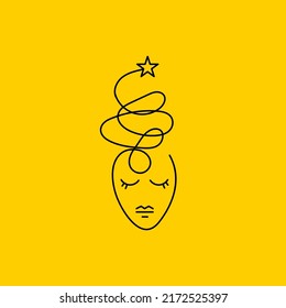 Dreaming woman doodle illustration. Minimal sketch of girl with star. Vector hand drawn logo