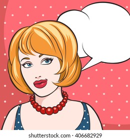 Dreaming Woman with empty speech bubble. Pop Art style illustration. 
