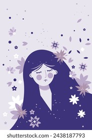 Dreaming Woman or Female Deity with Closed Eyes in Floral Shower, Ethereal Blossom, flat vector illustration in purple colors of a spring goddess