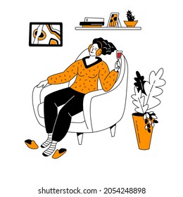 Dreaming woman with a glass of red wine sits in an armchair and listens to music on headphones. Vector isolated black and white illustration in line art style with orange color spot.