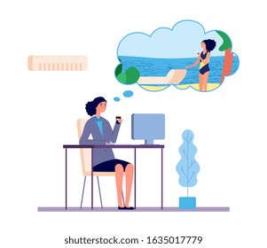 Dreaming woman. Office girl dreams about beach vacation vector concept