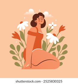 Dreaming woman sitting in bikini on nature among plants, flowers, clouds, leaves, stars. Naive illustration with cute character of young person. Meditation on outdoors. Wellbeing, harmony, balance.