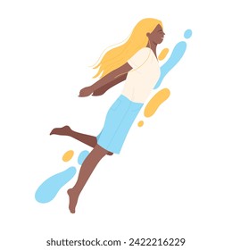 Dreaming woman soaring in the air. Feeling freedom, imaginary flight in the sky cartoon vector illustration