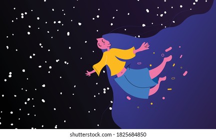 Dreaming women at night while her imagination that she flying on among the night sky illustration. Flat art EPS10