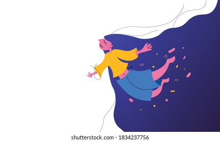 Dreaming women at night while her imagination that she flying illustration. Flat art illustration with a white copy space. EPS10