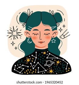 Dreaming young girl with closed eyes. Cosmic thoughts.
