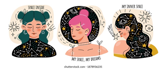 Dreaming young girls with closed eyes. Cosmic thoughts. A set of doodle images.