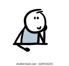 Dreaming young student sitting by the desk and thinking of something pleasant. Vector illustration of stick figure character at school during boring lesson.