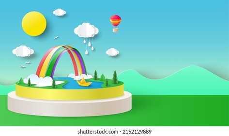 Dreamland-Hintergrund mit Regenbogenpapier, 3D-Vektorgrafik. Himmel mit Wolke, Gras und See mit schöner Gartenszene. Paperschnitt-Design für Märchen oder Cartoons