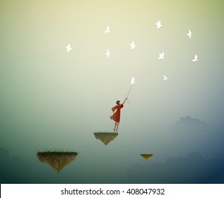 in the dreamland, girl standing on the flying rock and holding pigeon, fly in the dream,  life on flying rock, vector