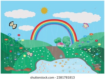 Dreamland-abundant nature on a rainy day while the sun shines then the rainbow comes. there are fresh feelings, greenery, colorful flowers, beautiful butterflies, a school of fish, and happy frogs.