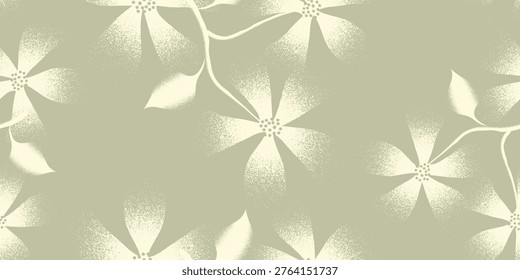 Dreamlike abstract botanical seamless pattern with fractal floral garlands, lace textures, and acrylic art. Delicate white and brown background for fantasy invitations, fashion, and spring decor.