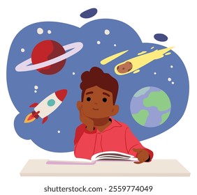 Dreamlike boy cartoon character imagining outer space adventure and research while reading popular science book about cosmos scene. Smart preschool child studying textbook vector illustration