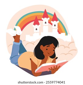 Dreamlike cute girl child character reading fairy tale book about princess in castle in cloud and rainbow. Happy childhood, imagination and intellectual development with literature vector illustration