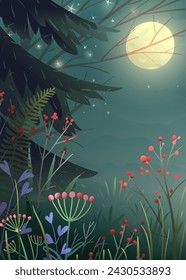 Bosque de pinos de fantasía de ensueño por la noche con luna llena. Bosque natural salvaje de cuento de hadas por la noche, pino y bayas rojas. Fondo de pantalla vectorial, ilustración estrellada del cielo nocturno para niños.