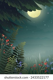 Traumhafter Fantasy-Kiefernwald in der Nacht mit Vollmond. Märchenhafte wilde Natur bei Mondschein, Kiefer und rote Beeren. Vektor-Tapete, Fantasy-Nacht-Wald-Illustration für Kinder.