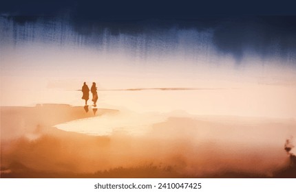 Dreamlike ink painting of two people standing of the sea shoreline. Traditional oriental ink painting sumi-e, u-sin, go-hua