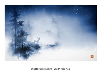 Dreamlike landscape with  ink painting of deer in a misty forest under the night sky. Traditional Japanese ink wash painting sumi-e. Translation of hieroglyph - eternity.