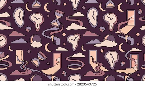 Dreamlike repeating pattern with melting clocks, hourglasses, glowing portals, clouds, moons, stars, and winding paths on a purple background