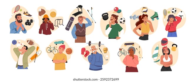 Dreamlike thoughtful people characters choosing sport, selecting different healthy physical activity set. Man and woman characters feeling uncertainty in variety of training class vector illustration