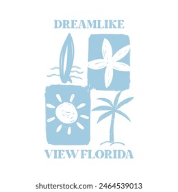 Dreamlike view Florida sunset flower palm tree surfboard, Graphic design print t-shirts fashion, illustration, vector, posters, cards, stickers, mug