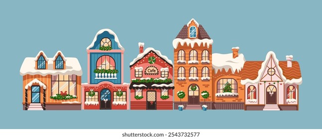 Dreamlike winter village houses in winter flat color vector illustration. Christmas building with decorated facades cartoon composition on blue